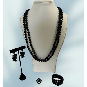 VTG Black Crystal Glass Jewelry Lot 48" Necklace Clip Earrings, Bracelet, Brooch